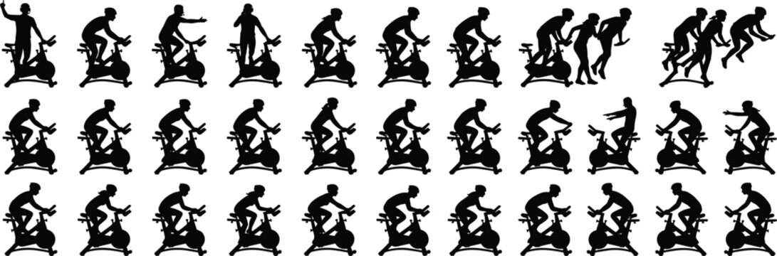 Stationary exercise bike silhouettes set showing people riding stationary bicycles in spin class workout positions