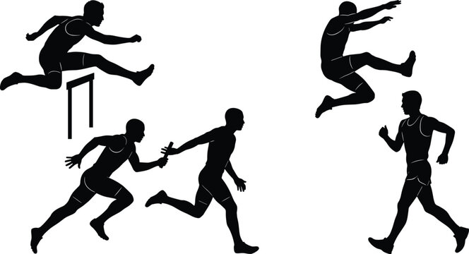 Track and field athlete silhouettes set with hurdle jump, long jump, relay race baton pass, and running