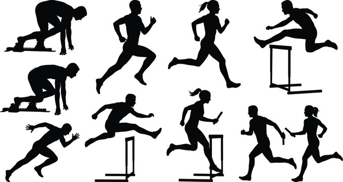 Track and field runner silhouettes set with hurdle jump, starting block sprint, and relay race baton pass