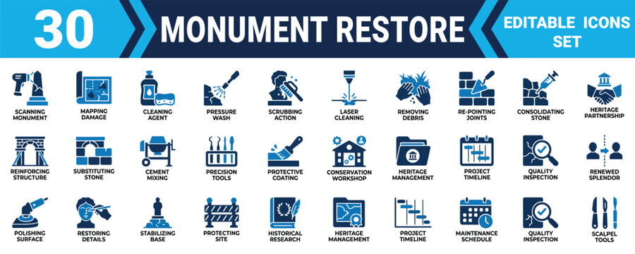 Set of thirty professional monument restoration icons showing repair maintenance and construction tools Minimal solid fill icon set bundle collection. Editable Vector Illustration Mega pack