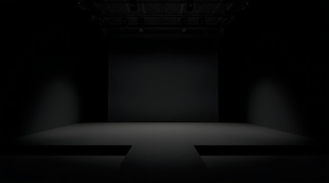 Empty dark stage with spotlights and a large screen background.