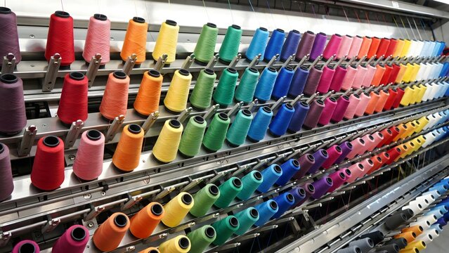 Vibrant colorful sewing thread spools organized on display rack in craft store