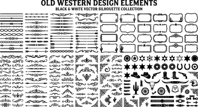 A large collection of old western design elements, embellishment, borders and divider lines.
