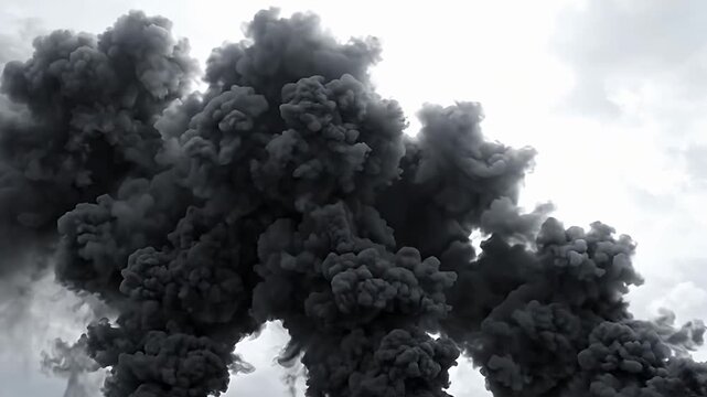 Thick dark grey smoke billowing against white sky.