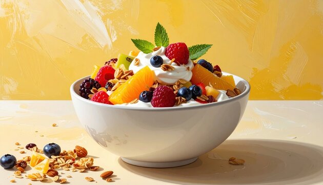 Bowl of fruit salad with muesli and Greek yogurt on light yellow background, healthy breakfast concept