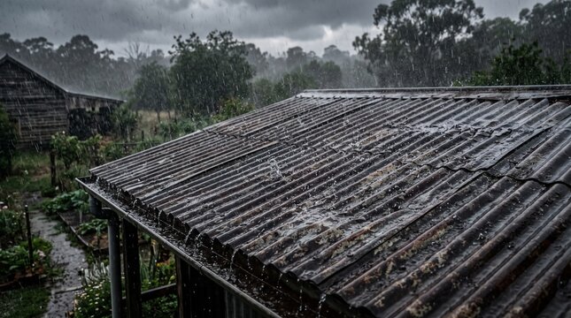 Heavy Rainfall Pouring Down Over a Corrugated Metal Roof in a Rural Garden Landscape during a Stormy Day
