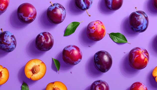 Seamless plum pattern with whole and sliced plums on purple background