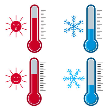Hot and cold thermometer indicator set with temperature levels for weather, climate, forecast and infographic design