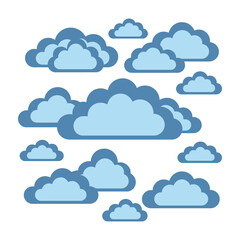 Fototapeta premium Blue cartoon clouds floating in sky white background weather icons