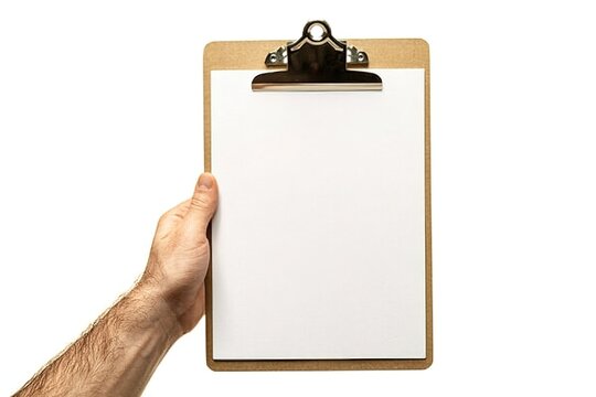Left hand holding a wooden clipboard with a blank white sheet of paper