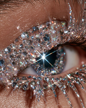 Sparkling crystals eye makeup close-up with long lashes glamorous dazzling shimmer sparkle beauty