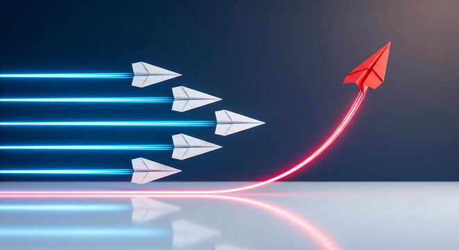 Red paper airplane flying upwards with glowing trail leaving white airplanes behind. Concept of market leadership, startup innovation, and competitive advantage. Paper plane growth concept.
