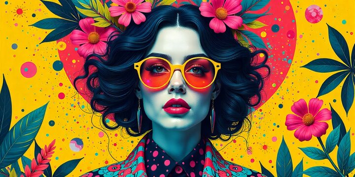 Vibrant Pop Art Portrait of Stylish Woman in Yellow Sunglasses with Pink Flowers and Tropical Leaves, Bold Colorful Fashion Beauty Background for Editorial and Creative Design
