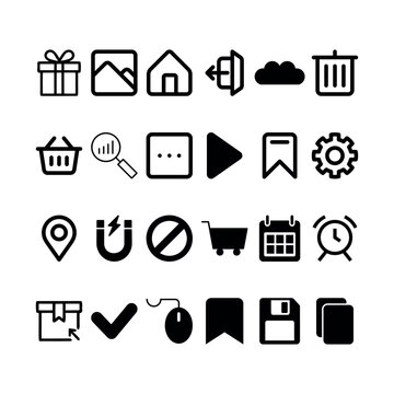 Set of minimalist black UI icons including gift box, image, home, exit, cloud, trash, basket, play, settings, pin, shopping cart, calendar, clock, package, checkmark, and floppy disk in a 4x6 grid 