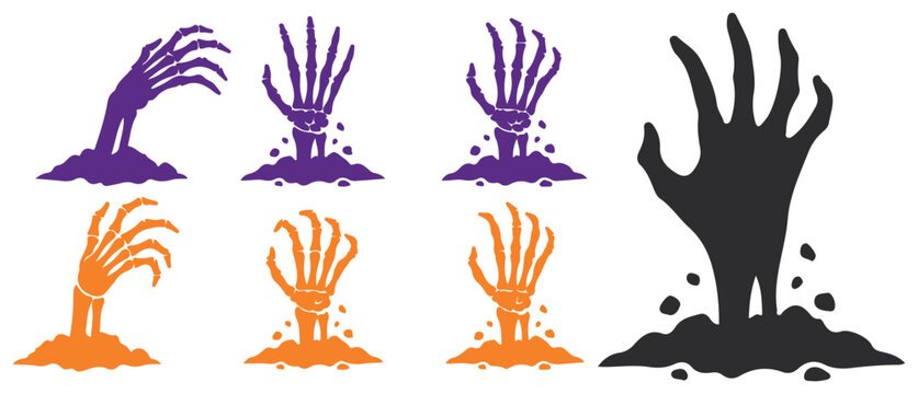 Set of zombie hands rising from the ground, skeleton arms reaching out from earth for halloween design