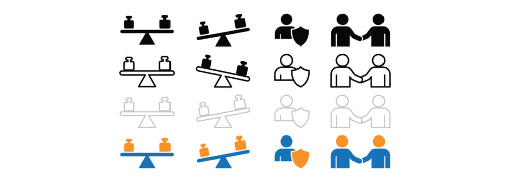 Set of icons showing balance trust and handshake variations