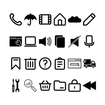 Set of minimalist black UI icons including telephone, umbrella, film, home, cloud, pencil, speaker, bookmark, trash, clipboard, delivery truck, tools, folder, and lock in a 4x6 grid layout.