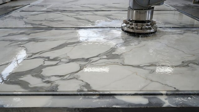 Polished white marble flooring with gray veining and industrial grinding machine close-up