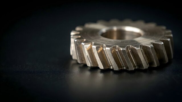 Close-up of a metallic gear wheel with teeth and central hole on dark surface