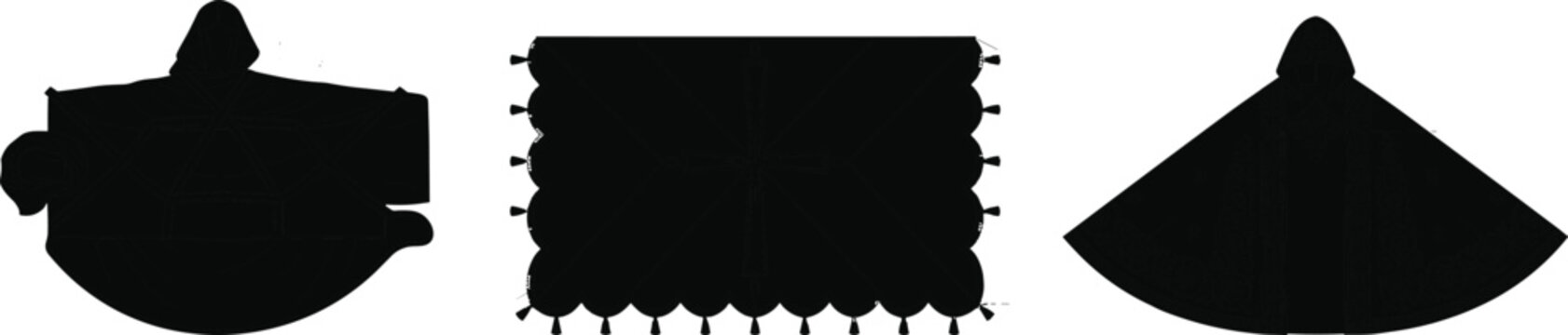 Gothic hooded cape poncho and fringed shawl silhouette vector set