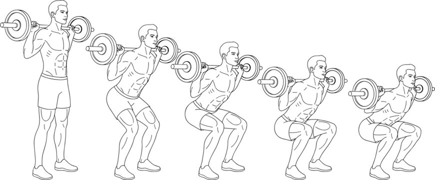 Man doing barbell back squat exercise step-by-step technique guide line art vector illustration set