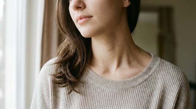 Young woman with visible neck and collarbone in neutral sweater by window, lifestyle portrait for skincare, wellness, thyroid health, stress, body care and medical awareness concepts