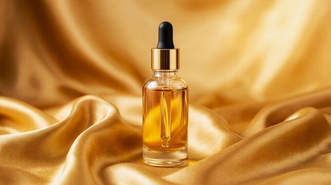 Clear glass serum dropper bottle with gold cap on luxury silk fabric