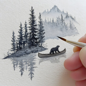 An artist's hand paints a delicate monochrome watercolor illustration of a bear paddling a canoe across a serene mountain lake surrounded by pine trees and misty peaks