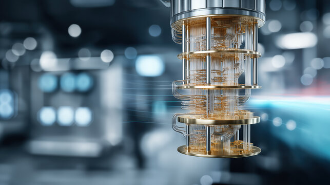 Golden quantum computer chip with intricate circuits hangs illuminated by blue light inside a modern technology laboratory.