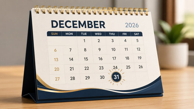 Desk calendar for december 2026 with highlighted date on thirty first.