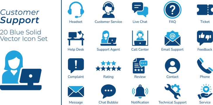 Customer Support Icon Set, Headset, Live Chat, Help Desk, Call Center, FAQ, Feedback, Contact, Technical Support, Blue Solid Vector Icons for Web and App