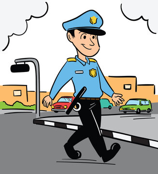 Police Officer Walking on Street Illustration