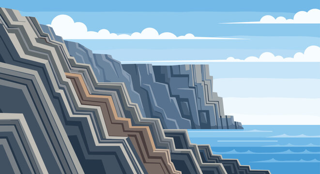 Dramatic layered grey cliffs rising from a blue sea under a clear sky with scattered clouds in a clean and modern vector style.