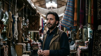 Naklejka premium Portrait of a Middle Eastern male merchant standing inside an authentic traditional bazaar surrounded by hanging colorful textiles, woven carpets, and handmade crafts