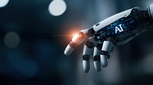 Close-up of a robotic hand with illuminated fingertip representing artificial intelligence, automation, and futuristic robotics technology innovation.