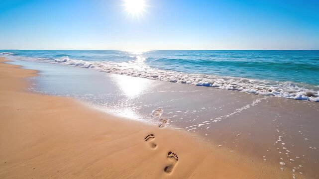 Footprints on sandy beach with gentle ocean waves. Tropical coastline under bright sun. Static wide shot.