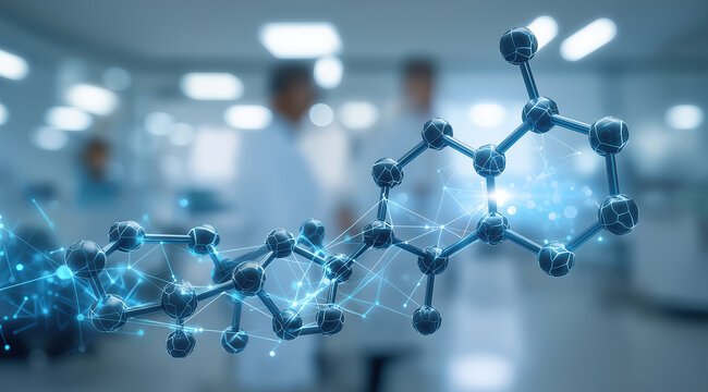 Digital molecular chain structure floating above a laboratory with blurred scientists, representing biotechnology and medical research innovation.