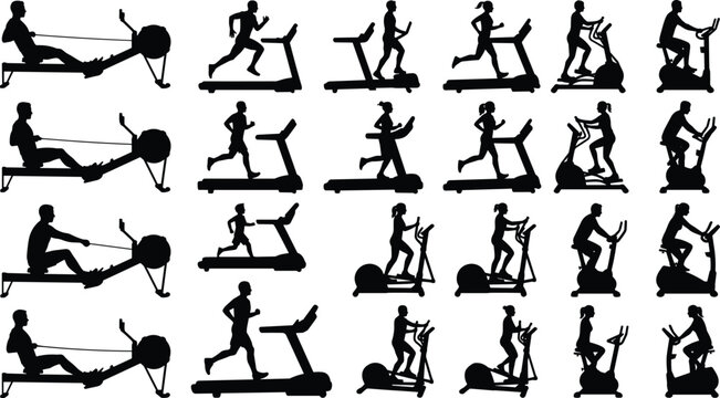 Cardio gym equipment silhouettes set including rowing machine, treadmill, elliptical trainer, and exercise bike