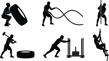 Functional fitness silhouettes set featuring tire flip, battle ropes, sledgehammer hit, sled push, and rope climb © Md Mintu