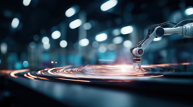 Industrial robotic arm working above glowing circular light rings on a factory floor, representing automation and smart manufacturing technology.