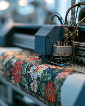 Digital floral textile design in a modern fabric printing factory with automated machine color reproduction process
