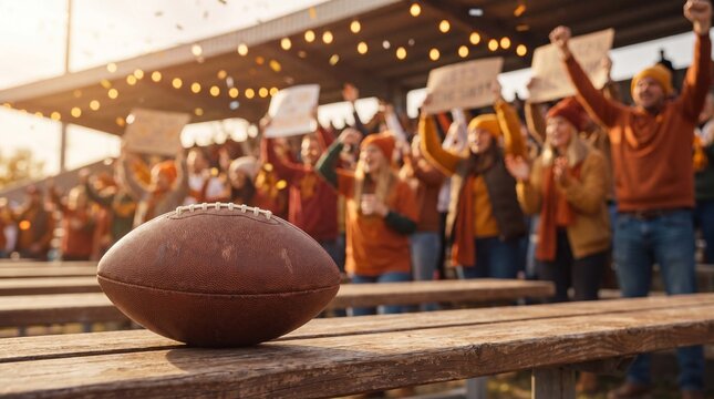 American football sits on a stadium bench with blurred fans celebrating during game day