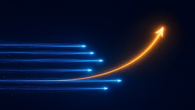 Leading golden arrow surging upwards, representing successful market leadership, accelerated business growth, and achieving strategic goals amidst blue digital data streams.