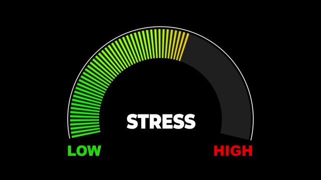 Animated neon Stress gauge meter transitioning from green low to red high, visualizing performance, energy levels, and health measurement indicators.