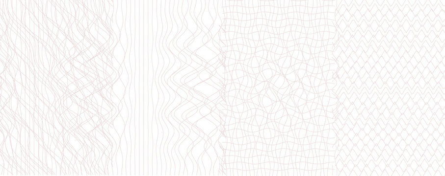 Guilloche pattern vector set, security background for certificate or bank note, pink geometric line art collection, currency protection elements