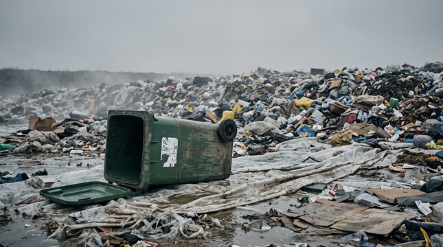 Overflowing Garbage Bin at Landfill Site &ndash; Waste Pollution, Environmental Crisis, Global Warming and Waste Management Concept