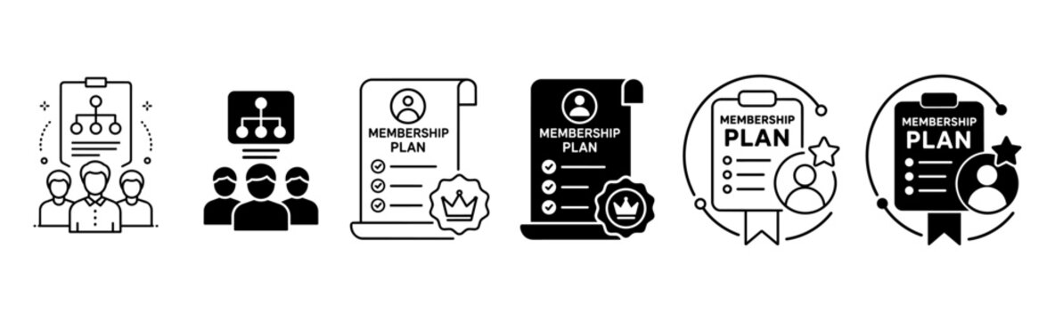 membership plan icons set, subscription plan, premium membership, loyalty program, pricing package, digital subscription, badge, certificate, user account, vector outline icon collection