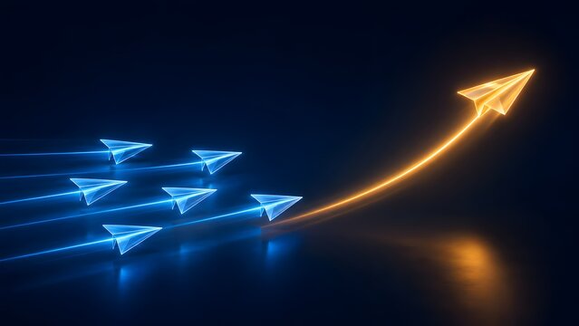 Dynamic visualization of a vibrant orange paper plane leading a fleet of blue planes, symbolizing powerful leadership, innovation, and strategic growth towards a successful future.