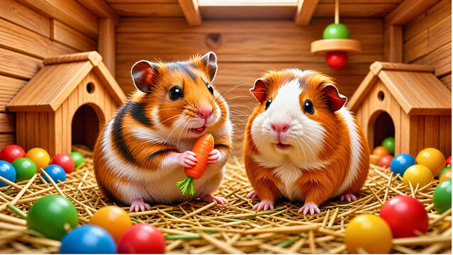 hamster and guinea pig side by side,  Cute hamster and guinea pig sitting together in wooden pet house with straw bedding colorful toys and carrot