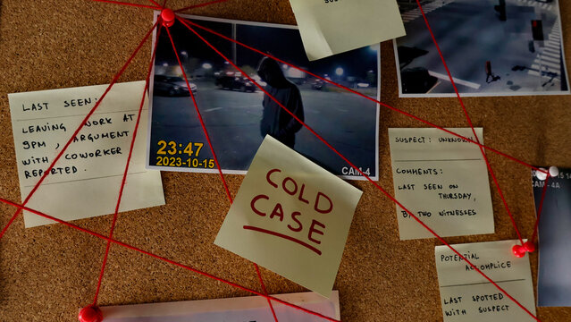Cork board displaying crime scene investigation elements, including a COLD CASE note, suspect images, witness statements, and red threads linking evidence